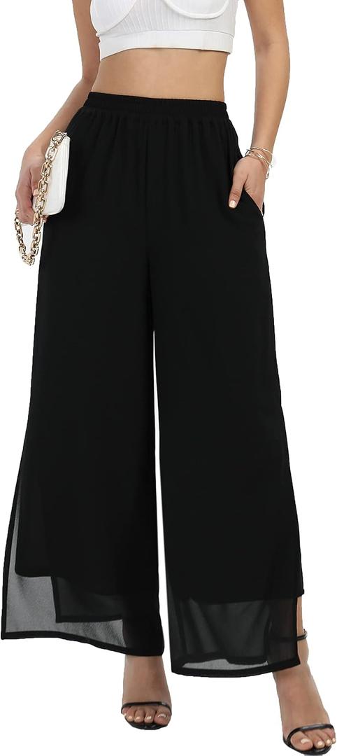 Women's Wide Leg Chiffon Dress Palazzo Pants Casual Split Hem Summer Trousers Party Club Pant, 3XL