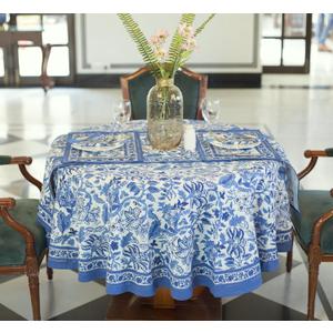 Labhanshi Indian Block Print Round Table Cloth|Jaipur Round Floral Cotton Table Cover 60 Inch 4-Seater Spring Easter Kitchen Dining Tablecloth|Patio Table Cover for Event Wedding Banquet Parties|Blue