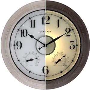 CLXEAST 18 Inch Illuminated Outdoor Clock with AI Smart Sensor, Large Farmhouse Wall Clock with Temperature & Humidity,Weathered White Finish,Unique House Warming Gifts
