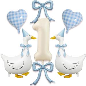 One Silly Goose 1st Birthday Decorations Boy  40 Inch Number 1 Balloon, Goose Balloons with Blue Bow & Hats, Cute Baby Boy Girl First Birthday Party Supplies