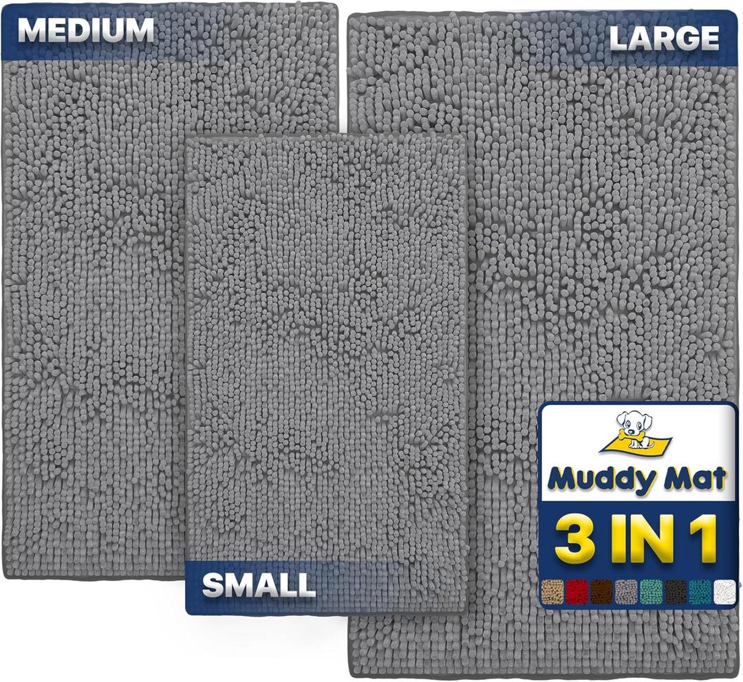 Muddy Mat Pack of 3 Highly Absorbent Microfiber Dog Door Mat and Pet Rug, Non Slip Thick Washable Area Mat Soft Chenille for Kitchen Bathroom Bedroom and Outdoor - Grey Small, Medium & Large