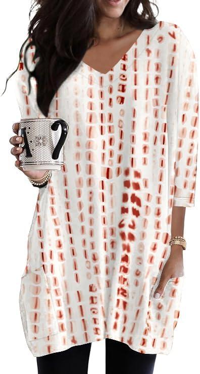 Poetsky Womens Tunic Tops for Leggings with Pockets Vneck 3/4 Length Sleeve Shirt Casual Long T-Shirts S-3XL (L)