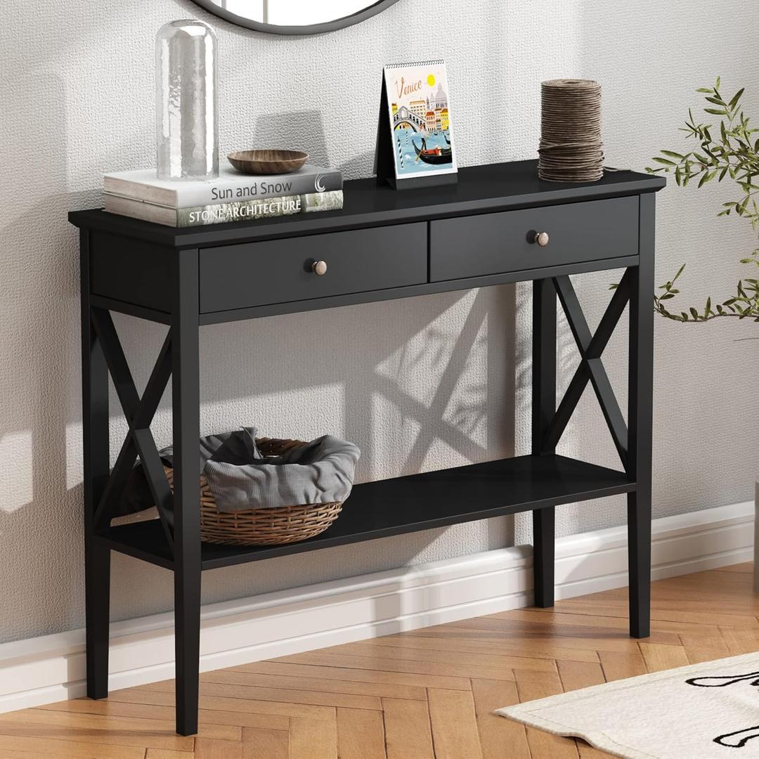ChooChoo Console Table with Drawers, Narrow Wood Accent Sofa Table Entryway Table with Storage Shelf for Entryway, Front Hall, Hallway, Living Room, Black (11.8"D x 39.4"W x 31.5"H)