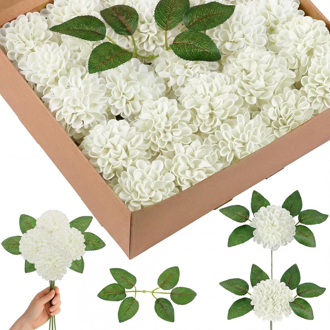 Giegxin 50 Pcs Ivory Artificial Flowers with Stem for DIY Wedding Bouquets Centerpieces Arrangements, Dahlia Flowers for Bridal Shower Party Home Decorations, 3.15 Inches
