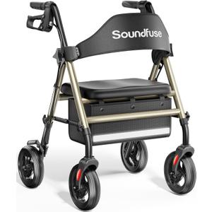 Rollator Walkers with Seat for Seniors, Foldable 8" Big Wheels All Terrain Rolling Walker, Handles and Ergonomic Seat Height Adjustable, 350 lb, FSA HSA Eligible (Champagne Gold)