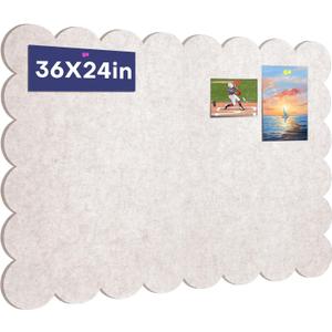 Scalloped Felt Bulletin Board, 36 x 24 Inches Foldable Pin Cork Board with 20 Pushpins - Decorative Cork Alternative for Wall, 3' x 2' Trifold Picture Self Adhesive Vision Prayer Board - Oatmeal