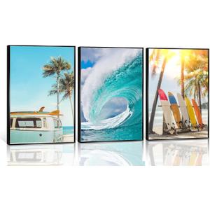 FJKLRP 3Pcs Tropical Surf Beach Wall Art Retro Camper Van Ocean Wave Surfboard Painting Prints Posters Coastal Wall Decor for Living Room Bedroom Beach House Decoration Unframed
