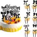 19pcs Black Bow Cake Topper, Ribbon Cake Topper with Happy Birthday Sign Twist Bowknot Picks Decor Coquette Bow Cupcake Decorations Birthday Party Supplies
