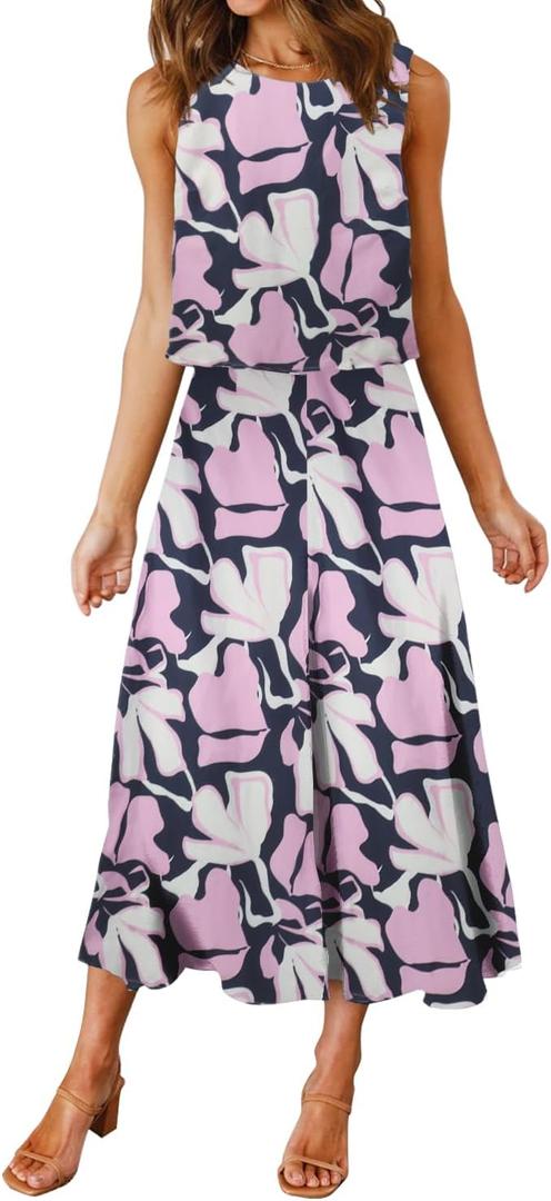ROYLAMP Women's Summer 2 Piece Outfits Round Neck Crop Basic Top Cropped Wide Leg Pants Set Jumpsuits Navy Blue+Purple Floral XL ROYLAMP Women's Summer 2 Piece Outfits Round Neck Crop Basic Top Cropped Wide Leg Pants Set Jumpsuits Navy Blue+Purple Floral XL