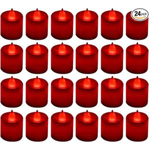 LANKER 24 Pack Flameless Led Tea Lights Candles, Flickering Red Battery Operated Electronic Fake Candles, Decorations for Wedding, Party, Christmas, Halloween (Red)
