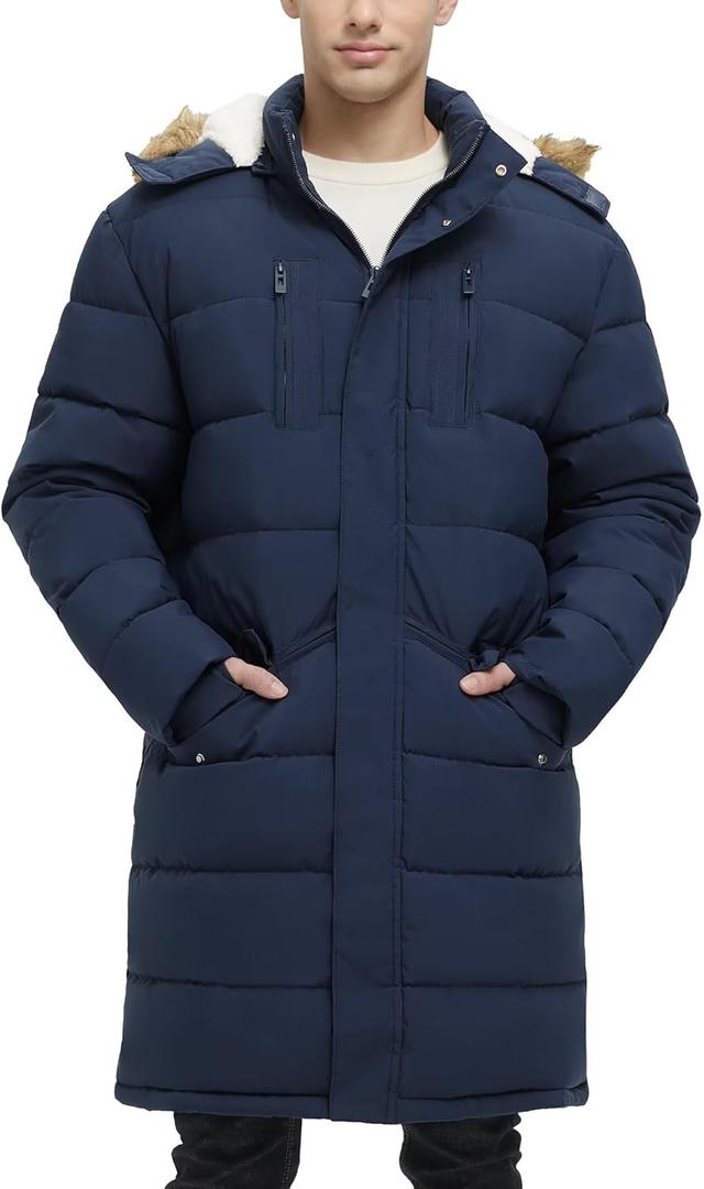 Men's Extra Long Fleece Puffer Jacket Outerwear Winter Coats Hooded Parka Warm Water-resistant Cold Weather (Large, Navy)