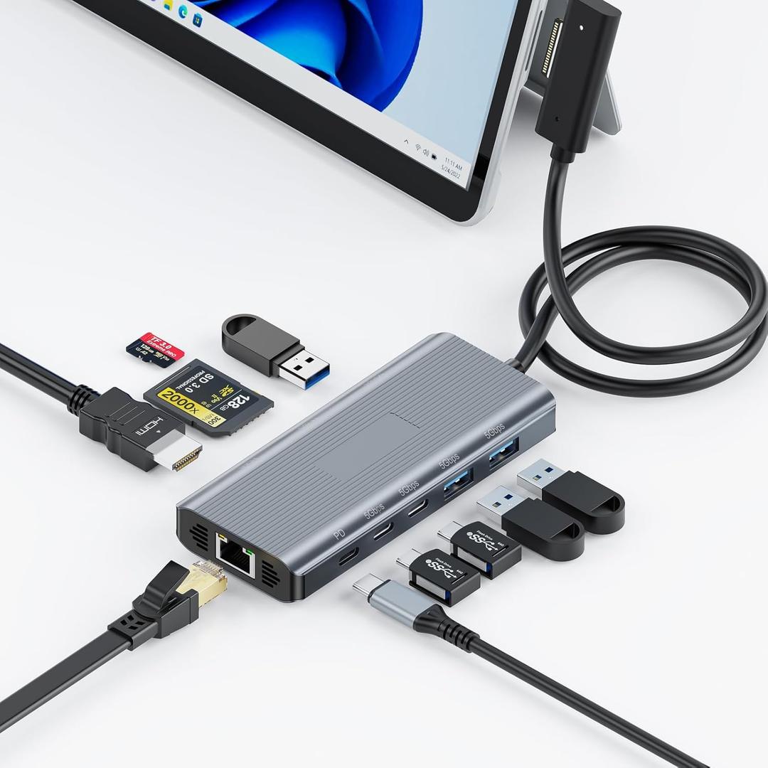 10 in 1 Microsoft Surface Docking Station-Surface Dock with HDMI Ethernet SD/TF Slot 3*USB 3.0+2*USB C 3.0+1*USB C PD,Docking Station for Surface Pro 11/10/9/8/X/7/6/5, Surface Laptop, Surface Book