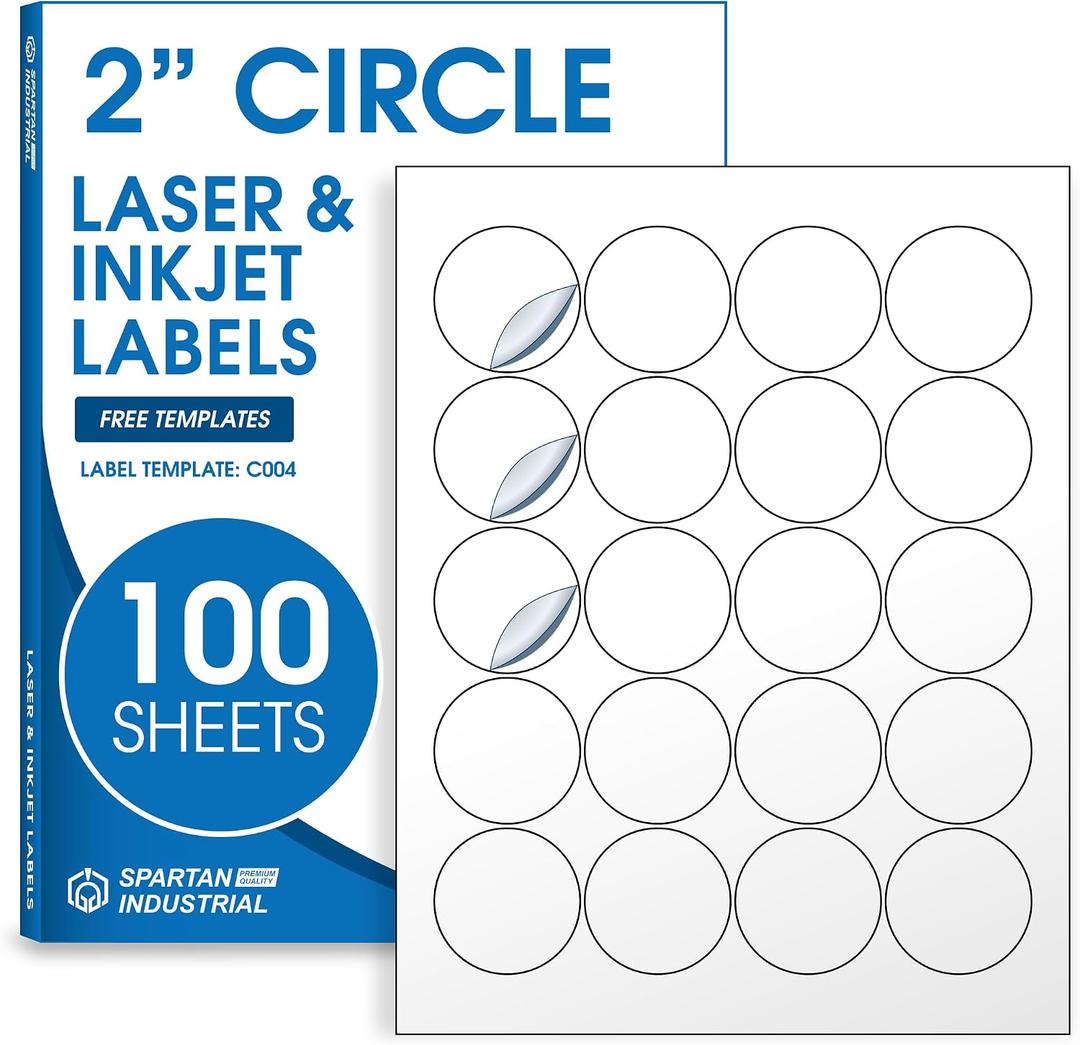 2" Printable Round Labels for Laser and Inkjet Printers - 2000 Blank Labels, 100 Sheets for Thank You Stickers, Price Tags, QR Codes, Business Logos - Spartan Industrial Template C004