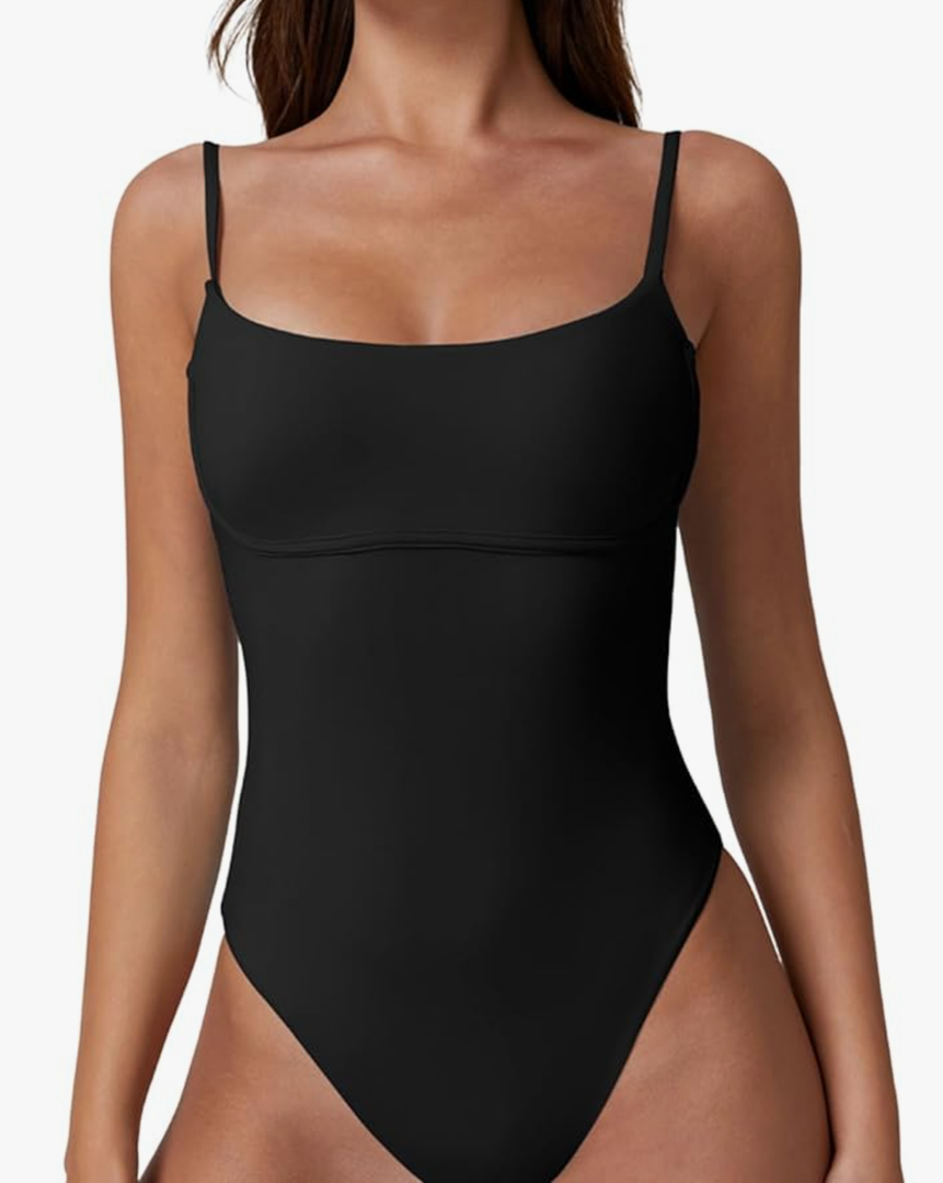 QINSEN Womens Seamed Cup Spaghetti Straps One Piece Bathing Suits Tummy Control Cheeky Swimsuit Size L