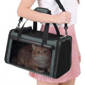 YUDODO 25 lbs Lightproof Soft Sided Pet Carrier for Large Cat & Small Dog Airline Approved Travel Puppy Carrier with Side Pockets & Reflective Mesh, Foldable Portable for Outdoor Car Grey Green