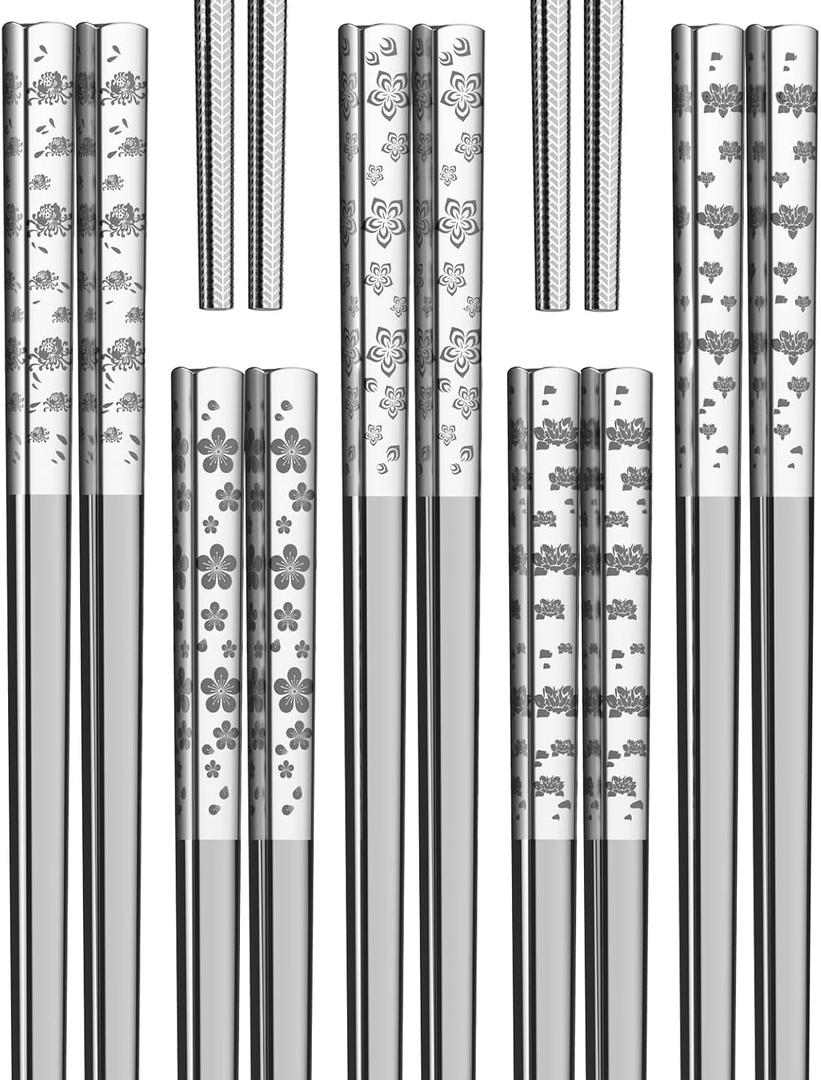 Metal Chopsticks Reusable 18/8 Stainless Steel Chopsticks 5 Pairs Classic Floral Dishwasher Safe Lightweight Non-Slip Chop Sticks 9 1/4 Inches Present Set
