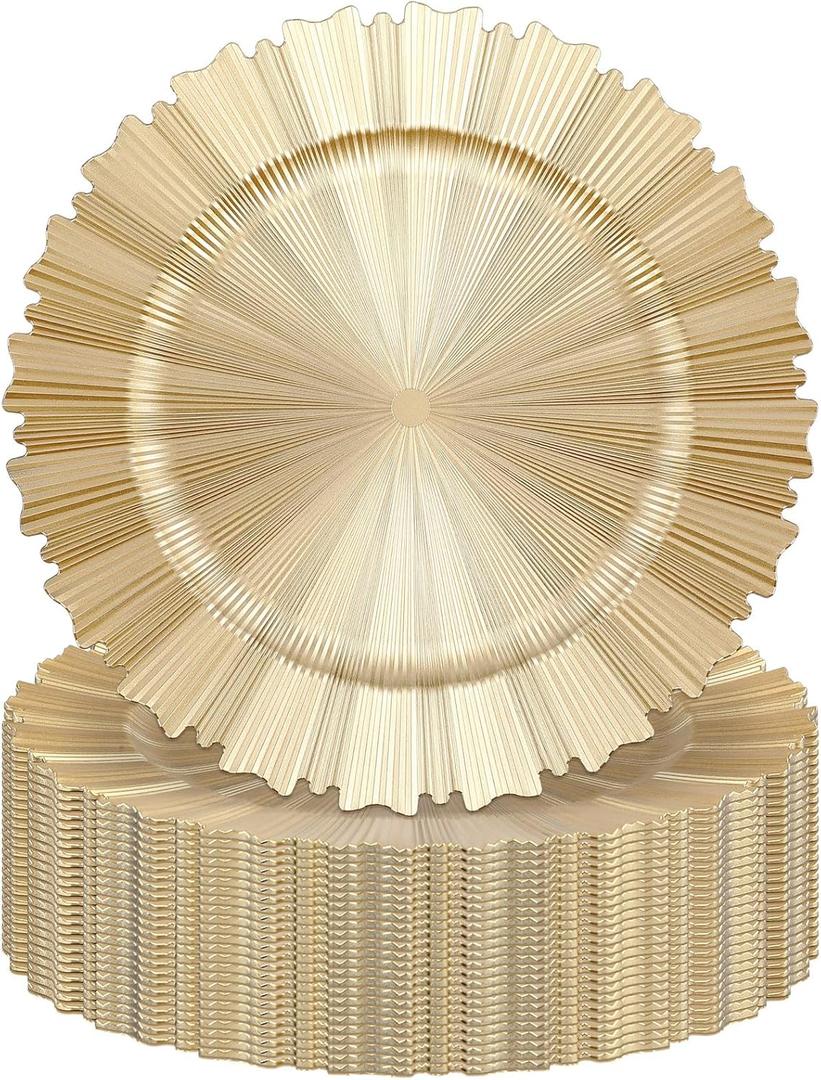 Mifoci 24 Pcs Champagne Gold Charger Plates Bulk 13 Inch Plastic Round Chargers Fluted Edge Dinner Plate Wedding Decoration for Table Setting Wedding Party Event Tabletop