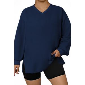 Eytino Plus Size Sweatshirts for Women Oversized V Neck Long Sleeve Pullover Tops 2026 Fall Fashion Outfit Clothes, 3X, Navy Blue