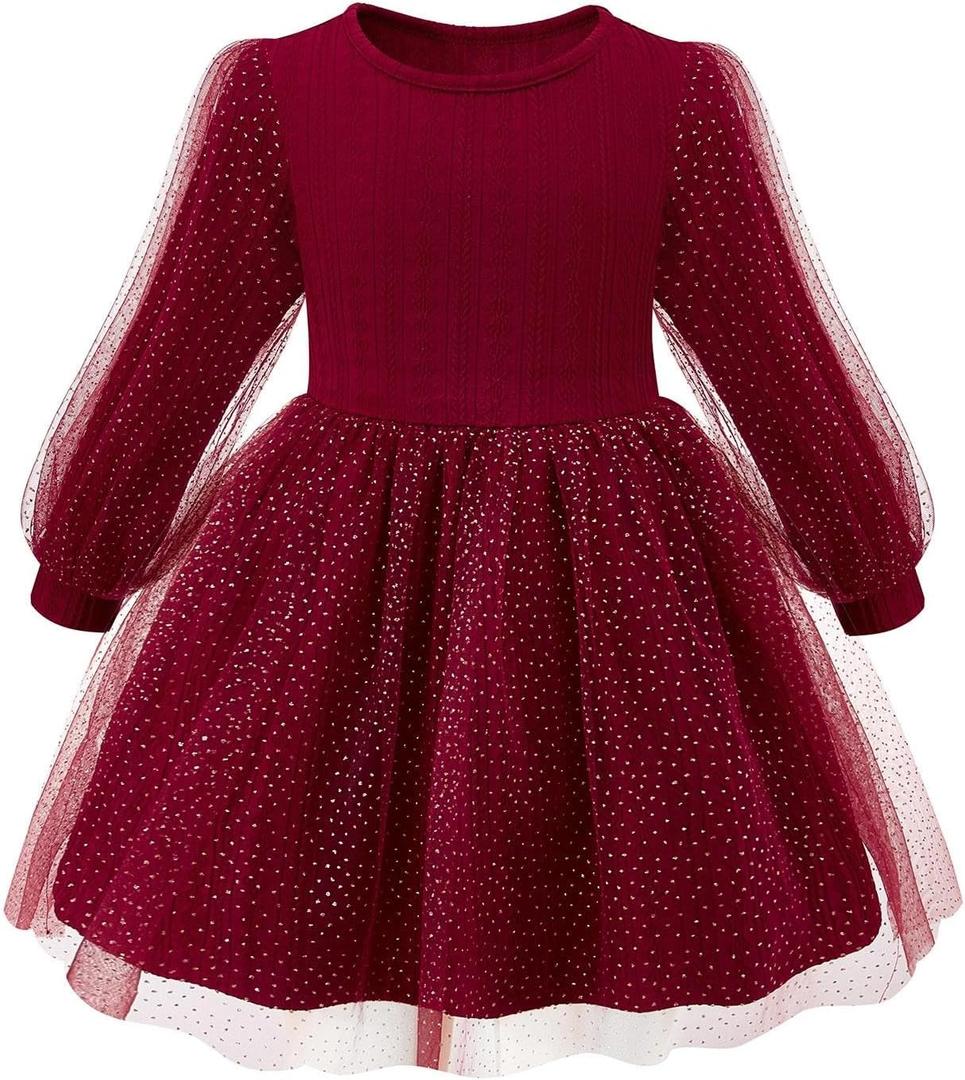 Little Bitty Girls Long Sleeve A-Line Tulle Princess Dress, Midi Length Casual Party Ribbed Knit Top Tulle Skirt 4-13 Years (3T, Crimson Red)