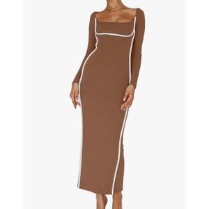 Womens Sexy Long Slevee Square Neck Colorblock Bodycon Split Slim Fit Party Clubwear Dress, L