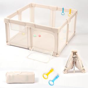 TOMBOSS Foldable Baby Playpen, Beige, Oxford Cloth, 50x50 Inch, Collapsible Play Yard with Mesh Sides and Toy Rings