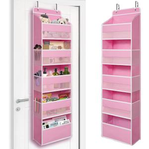 Over Door Organizer with 5 Large Pockets, Heavy Duty Hanging Organizer Storage, Closet Bathroom Nursery Bedroom Dorm, Toys Cosmetics Sundries and Baby Essentials, Pink