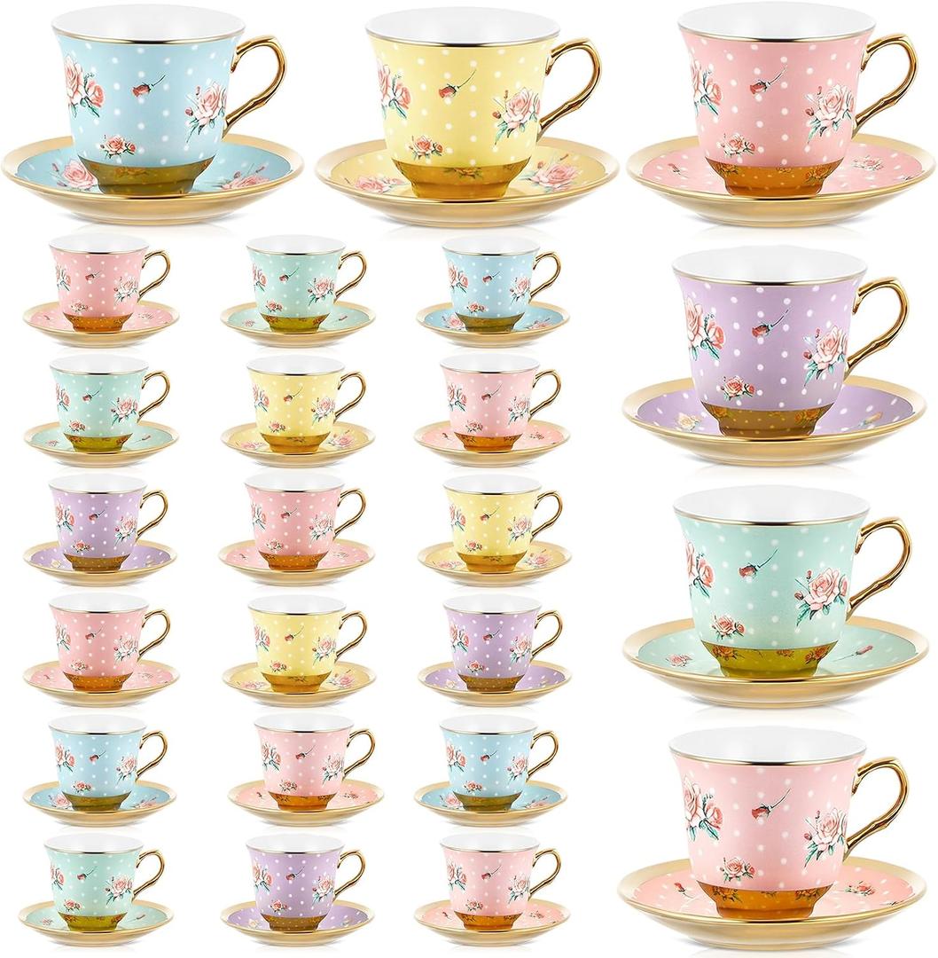 Teenyyou Set of 24 Tea Cups and Saucers, Vintage Style, 5.4 oz