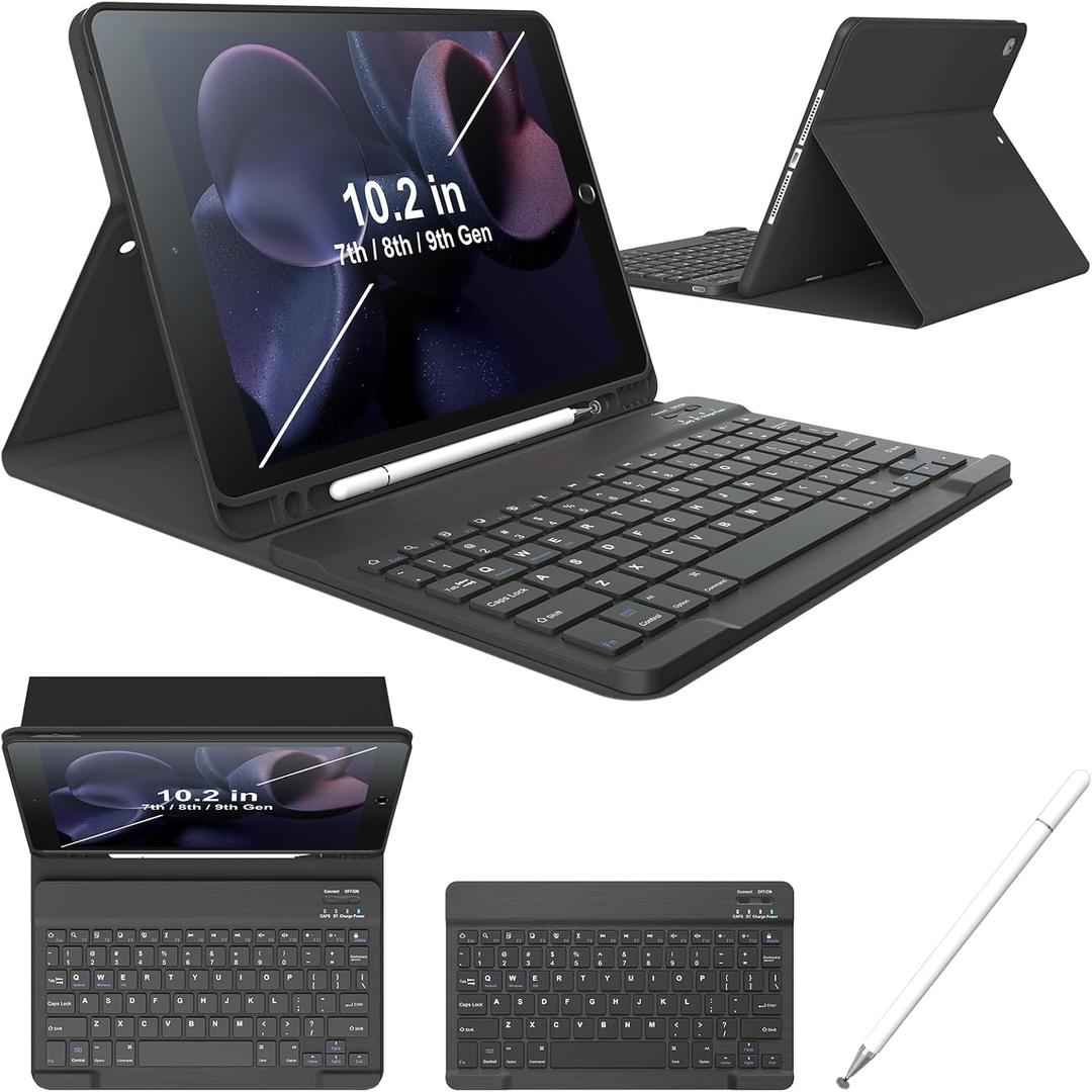 Keyboard Cases for iPad 9th Generation 8th Gen, 7th Gen, Pro 10.5 Inch Air 3rd Gen. Removable Magnetic Cover Sheet Built-in Pencil Holder and Stylus Pen, Adjustable Angles Stain Resistant Cover, Black