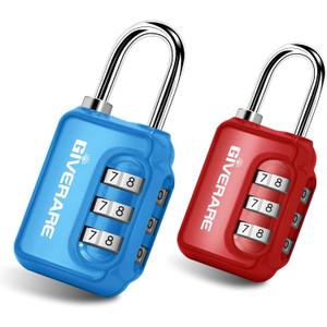 GIVERARE 2 Pack Combination Lock, 3-Digit Padlock Keyless, Resettable Luggage Locks for Backpack, Gym & School&Employee Locker,Weatherproof Travel Lock for Fence, Backyard Gate, Hasp, Case-Blue+Red
