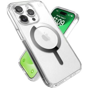 Speck Clear iPhone 15 Pro Case - Built for MagSafe, Drop Protection - Scratch Resistant, Anti-Yellowing, 6.1 Inch Phone Case - Presidio Clear/Chrome Finish