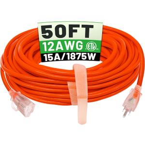 50 ft 12/3 Outdoor Extension Cord Waterproof Heavy Duty with Lighted Indicator End 12 Gauge 3 Prong, Flexible Cold-Resistant Long Power Cord Outside, 15Amp 1875W SJTW Orange ETL Listed