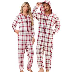 U2SKIIN Matching Pajamas for Couples Onesie, Ultra Soft Plaid Hooded Pjs Set Christmas Zipper for Men and Women Warm Jumpsuit (Medium, Burgundy Blue Plaid)