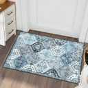 Washable Area Rug Moroccan Trellis Entryway Rug Doormat Stain Resistant Non-Slip Accent Rug Vintage Medallion Distressed Floor Carpet for Front Entrance Kitchen Bathroom, Blue/Grey, 2' x 3'