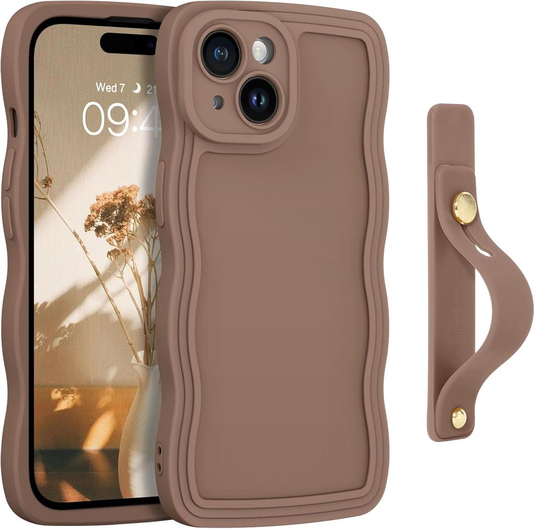 GUAGUA for iPhone 15 Case with Wrist Strap, iPhone 15 Wavy Phone Case,Cute Curly Wave Shape with Adjustable Wristband Kickstand Shockproof Protective Phone Case for iPhone 15 6.1 Inch, Brown