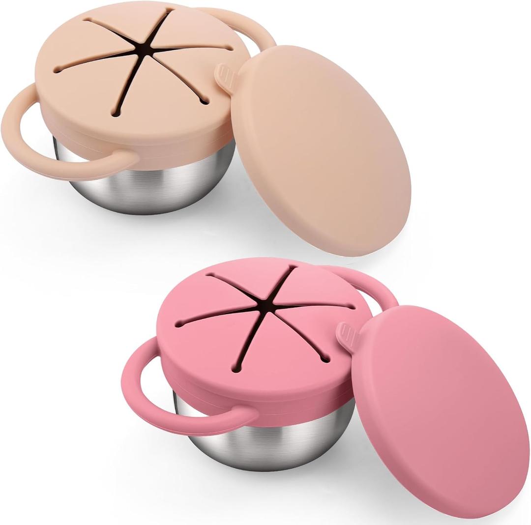 BUSOHA 2 Pack Stainless Steel Toddler Snack Cups - 9 OZ Spill-Proof Baby Snack Containers with Silicone Catcher and Lid Travel Snack Containers for Kids Dishwasher Safe Food Grade Silicone (Pink + Beige)