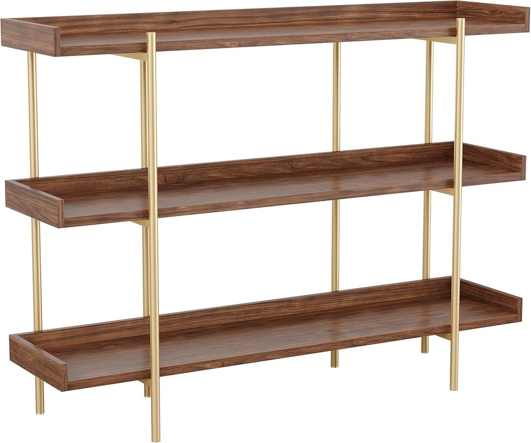 Martha Stewart Emmett 3 Shelf Bookcase with Vertical Metal Frame, Home Office Storage Display Unit, 35" H, Walnut Wood Grain/Polished Brass