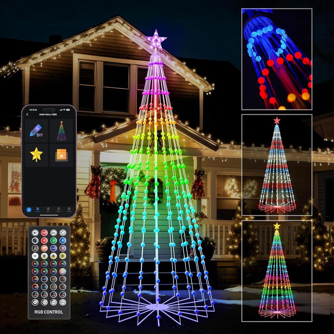 9FT Smart Christmas Tree Lights with Ball Ornaments, App & Remote Control, 316 RGB Color Changing LED Cone Tree Lights, Music Sync, Custom Light Show, Waterproof Decoration for Xmas, New Year, Parties