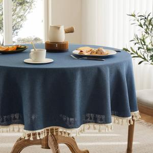 Linen Tablecloth with Tassels, Farmhouse Style Navy Tablecloth, Water Resistant Burlap Tablecloths for Round Table, 60 Inch Round Navy