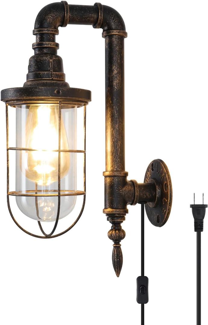Plug in Wall Sconce Lights 14.2In Industrial Wall Lamp with UL Plug in Cord Fixtures with On Off Switch Rustic Bronze Farmhouse Mounted Lighting for Barn Loft Cafe Bar Cage Lighting with Clear Glass