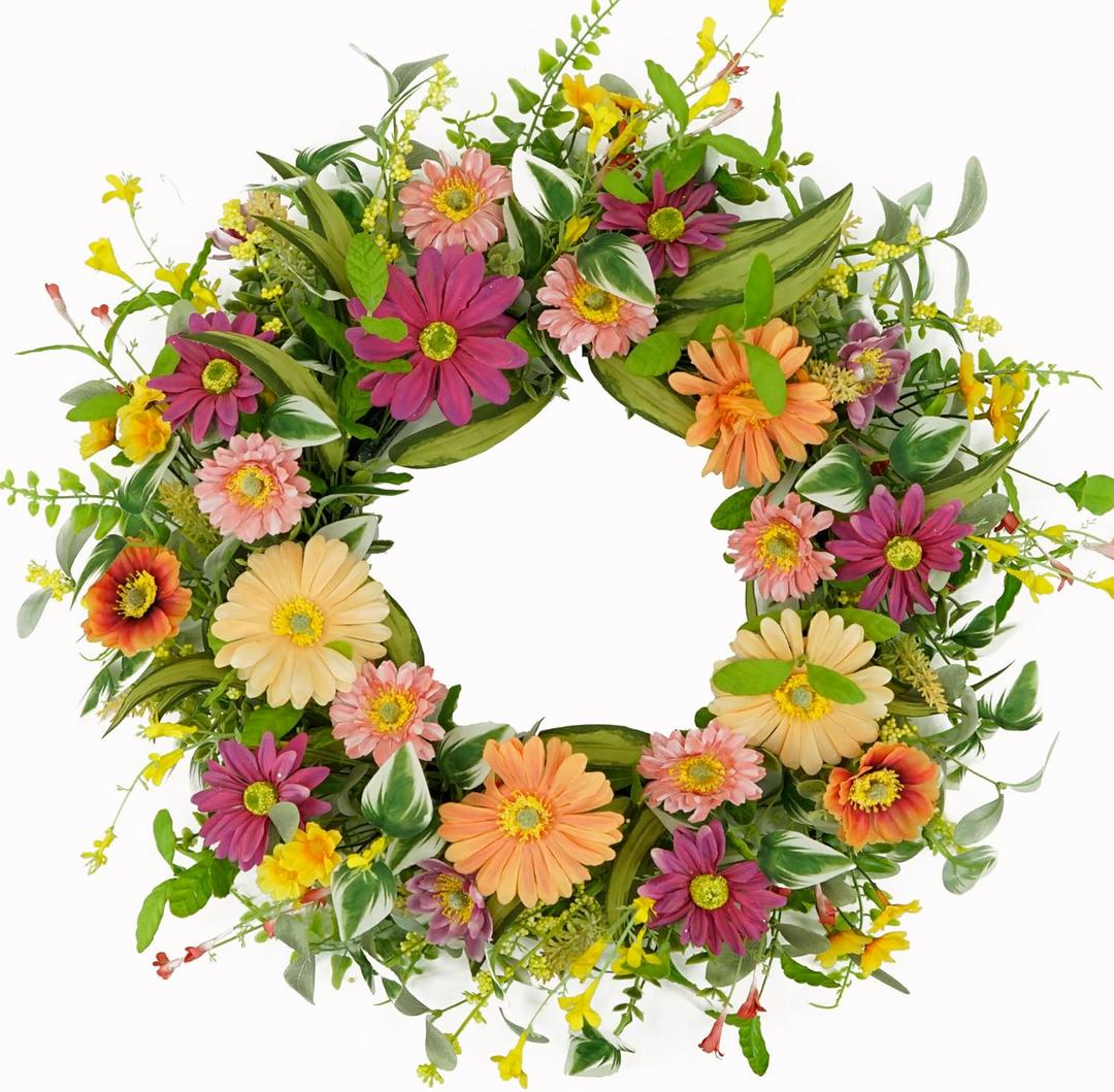 WreathDream Artificial Spring Wreaths for Front Door Summer Door Wreath with Multicolor Daisy for Front Door Indoor Outdoor Farmhouse Home Wall Window Festival Wedding Decor
