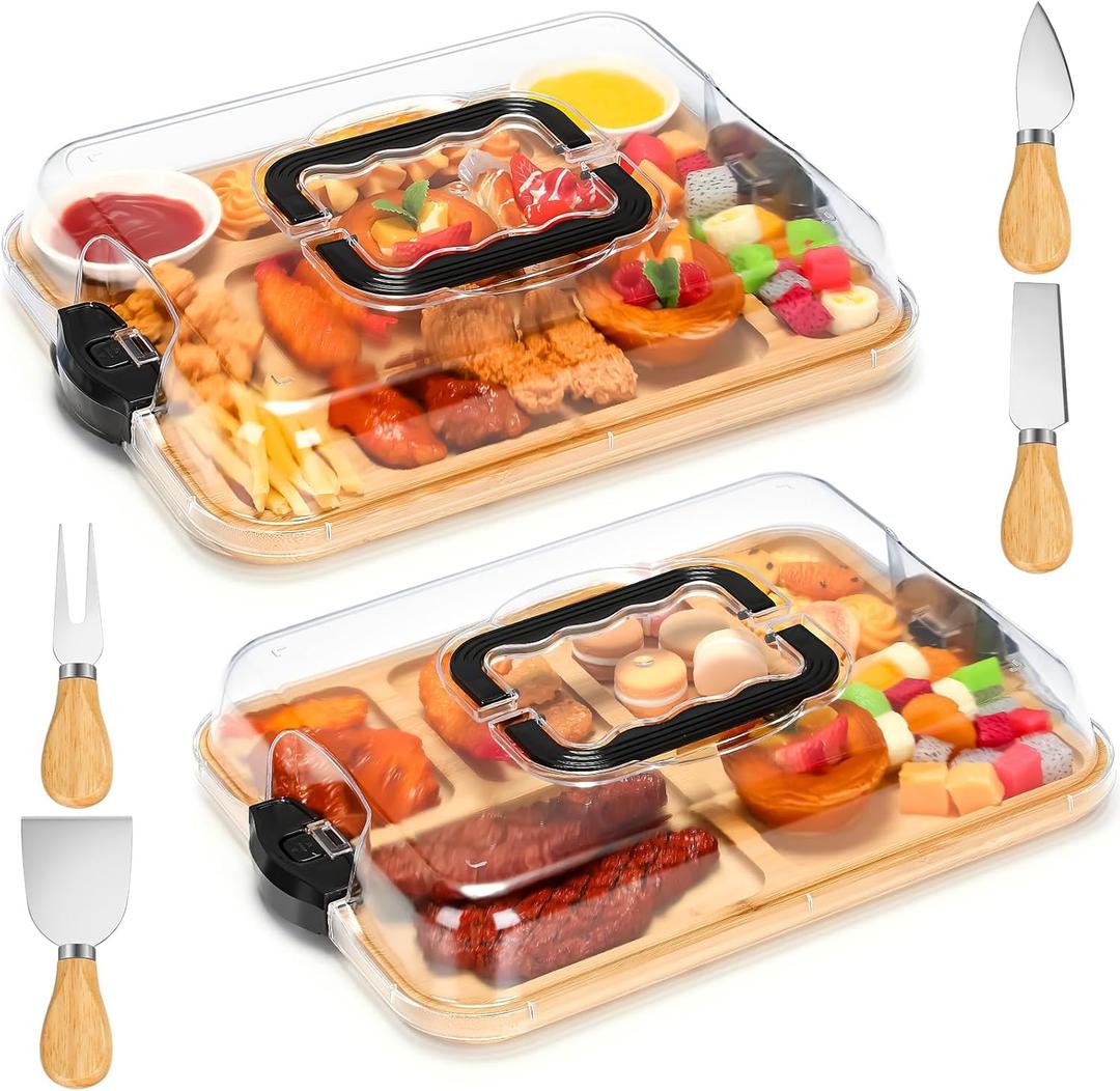 Patelai 2 Sets Charcuterie Board with Lid Compartment and Handle, Include 2 Pcs Portable Travel Lid Bamboo Charcuterie Board and 4 Cheese Tools Sets, Serving Tray for Party, Picnic, Housewarming Gifts