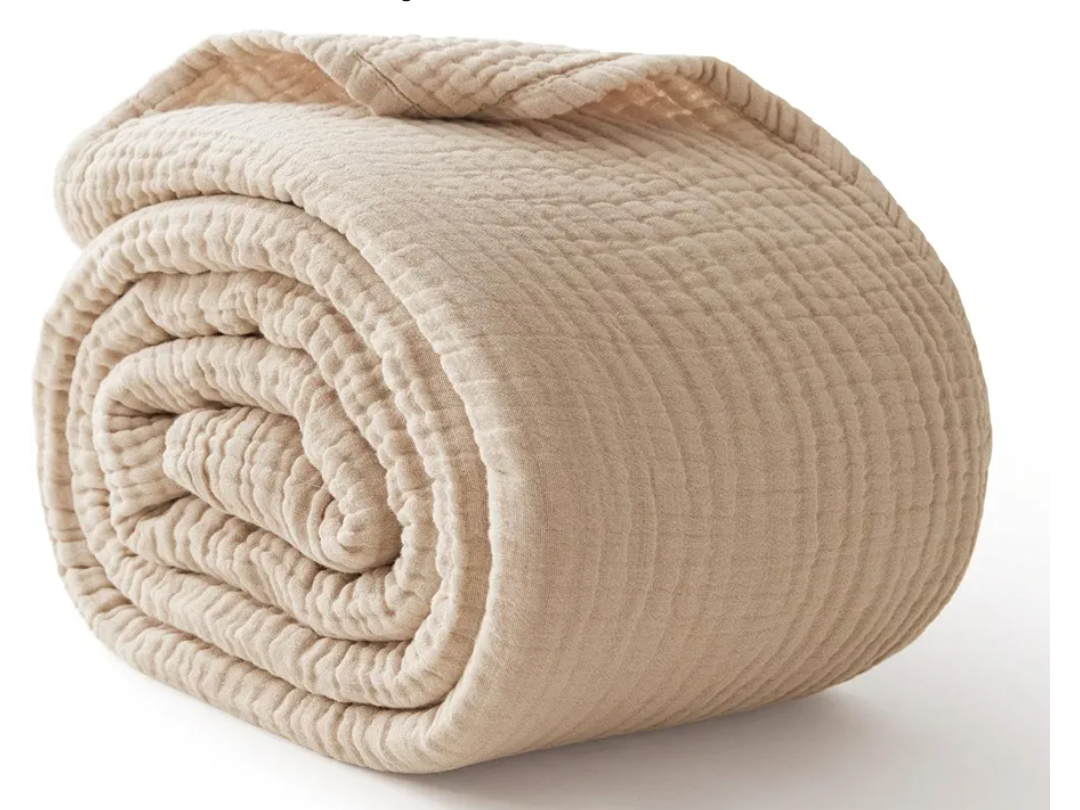 100% Cotton Blanket Large 50"x 70", 6 Layers Muslin Blankets, Cooling and Soft Throw Blanket for Bed and Couch, Breathable Quilt Bedspread, Gauze Bedding for Adults, Oatmeal, Beige Linen