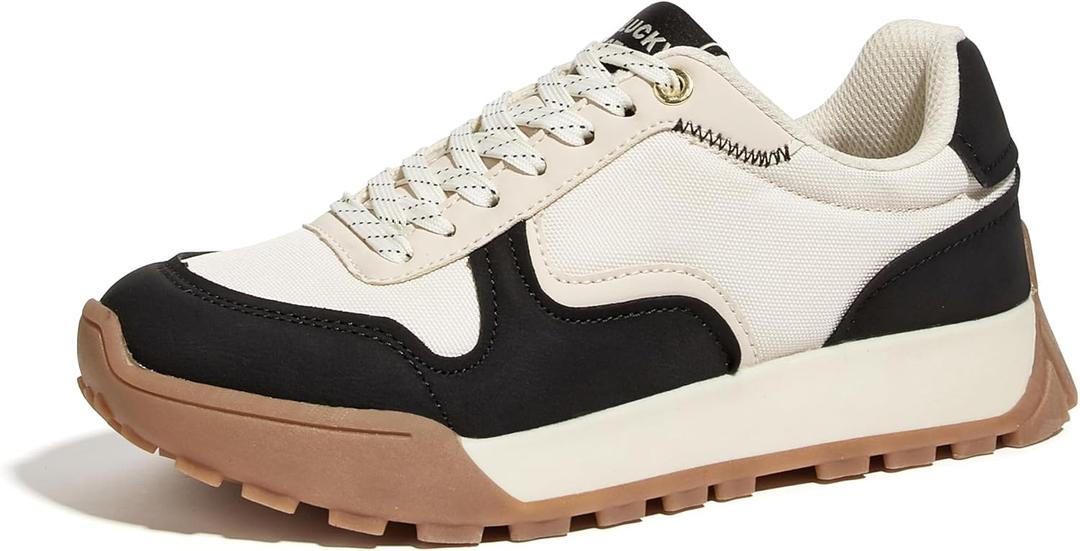 LUCKY STEP Women's Platform Canvas Sneaker Casual Lace-up Stylish Tennis Running Retro Classic Trainers Walking Fashion Sneakers (9, Beige/Black)