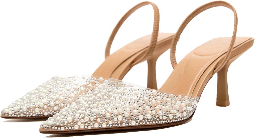 YIYA Women's Clear Slingback Heels with Pearl Studded Pointed Toe Kitten Mid Heels Sparkly Rhinestone Slip On Wedding Party Shoes (8, Beige)
