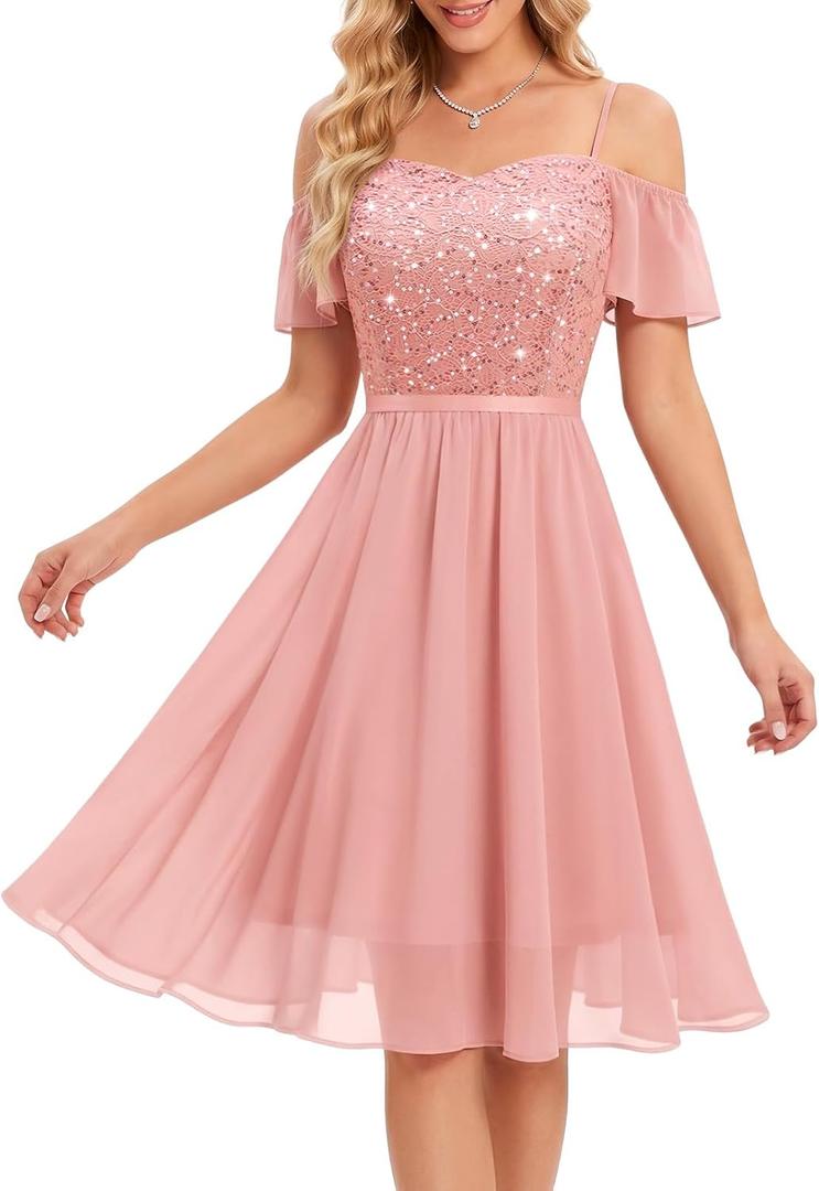 MUADRESS Women's Bridesmaid Wedding Guest Dress 2026 Sparkly Lace Cocktail Prom Party Dresses for Teens Spaghetti Strap (Pink, XXL)