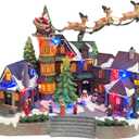 MOMENTS IN TIME Christmas Village Centerpiece Decor Santa Riding Sleigh Flying Over The Town Center Featuring LED Lights and Animation Power Adapter (Included) (11647)