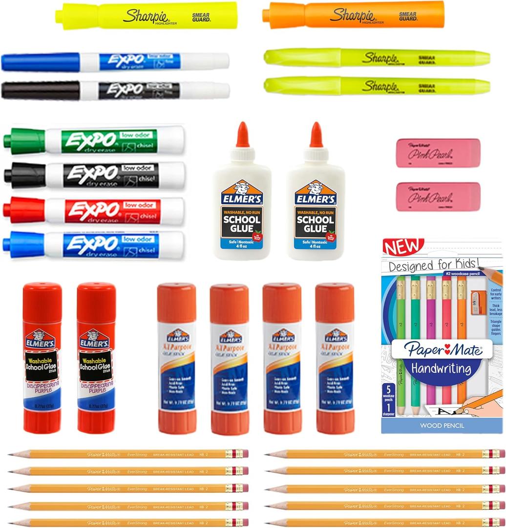 Sharpie School Supplies Variety Pack, My First All in One Pack, Expo, Paper Mate, Elmers Glue Sticks, Pourable Glue, Pencils, Dry Erase, Markers, Highlighters, and More, 31 Count