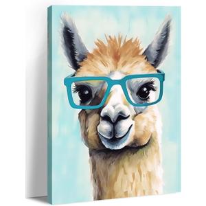 Alpaca Canvas Wall Art Nursery Wall Decor Funny Animals Wearing Glasses Pictures Prints Cute Camel Painting Framed Artwork for Living Room Bedroom Bathroom Home Decoration - 16.00"x24.00"