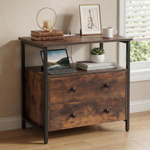 Edbuosy 27 inch Wide Night Stand with Charging Station, Bedside Table with Open Shelf, 2 Drawers Small Wood Dresser, Modern Wood Nightstand for Bedroom/Living Room (Rustic Brown)