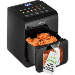 NutriChef 6 Liter Electric Air Fryer & Food Steamer Function | 12-1 Preset Cooking Functions, Fries, Chicken, & More | Transparent Window & Food Steaming option for Best Cooking Results | Black (6.3 QT)